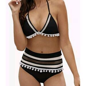 cocoship two-piece swimsuit with side tie V-neck‎ lace-up women's size 4-S Black